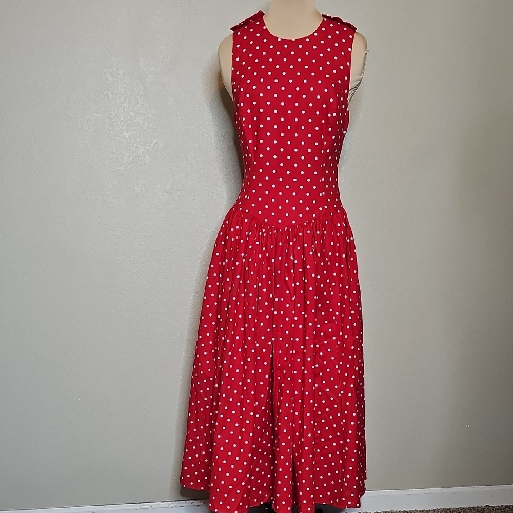 True Vintage 1980s Kamisato By Geary Roark Red Polka Dot Midi Dress Drop Waist M - Picture 3 of 15